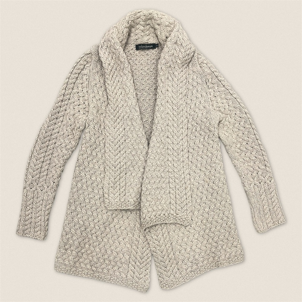 Wool‎ Open Shawl Cardigan Sweater Aran Cable Knit Ireland Irish Irelandseye - XS